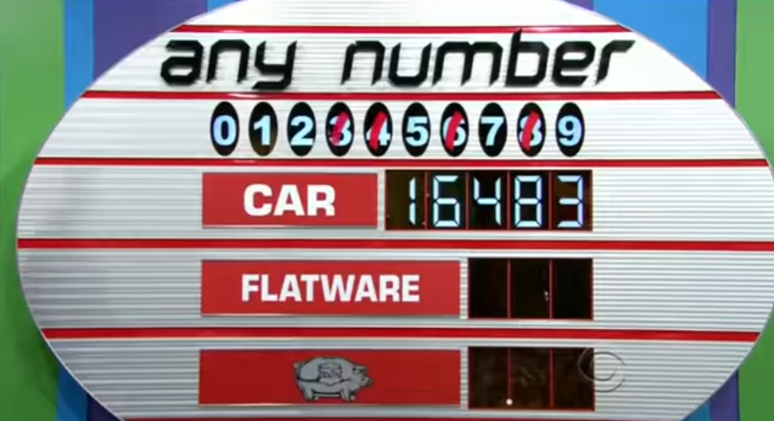 Game board for 'Any Number' featuring the digits 0-9, a 'CAR' prize with the price revealed as '16483', and a 'FLATWARE' prize with no digits shown.