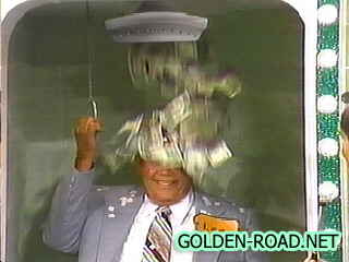 Contestant celebrating while showered with cash in the Shower Game on The Price is Right.