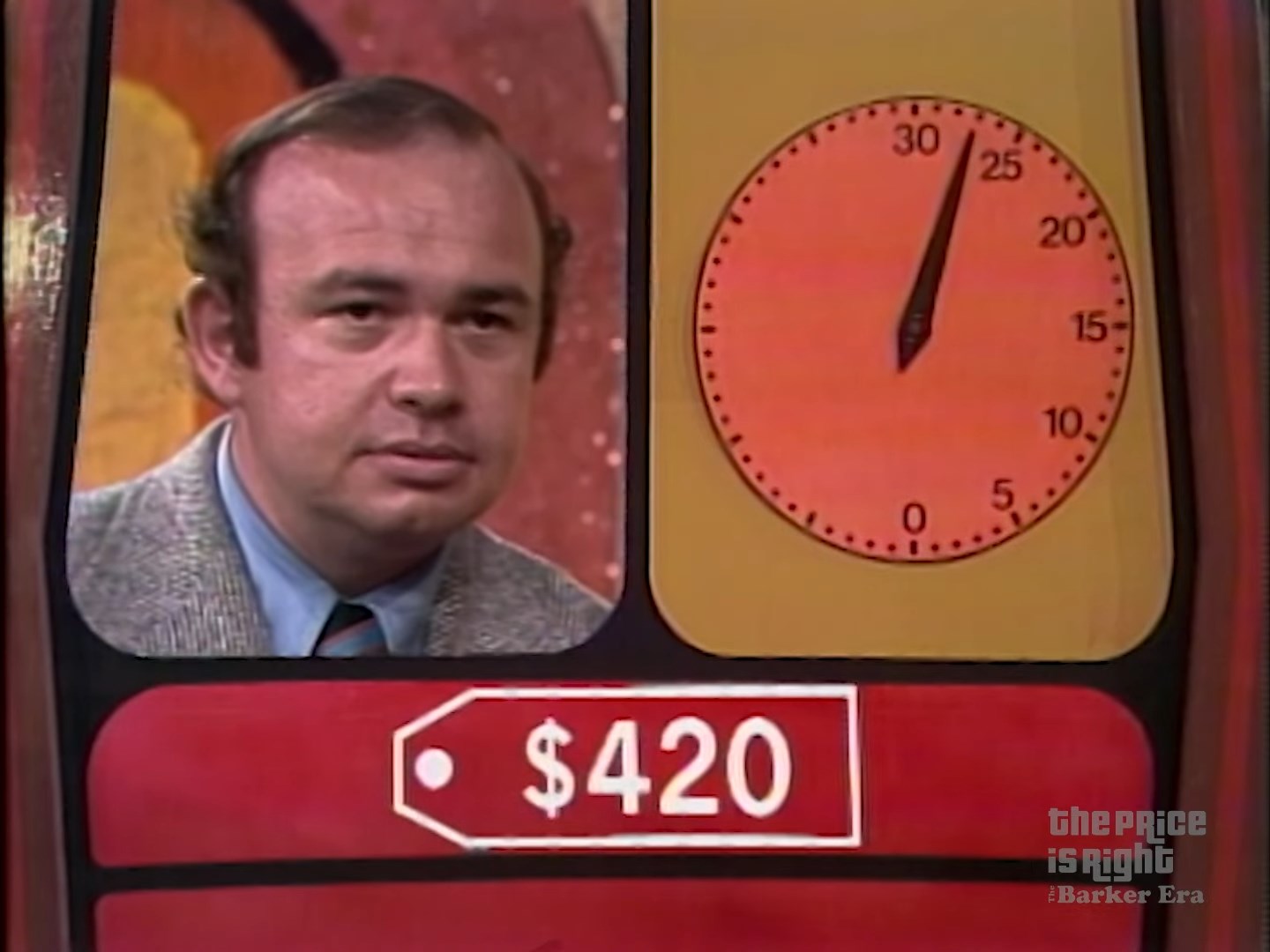 Contestant focused on the pricing game with an analog clock showing 25 seconds remaining and a price tag of 0.