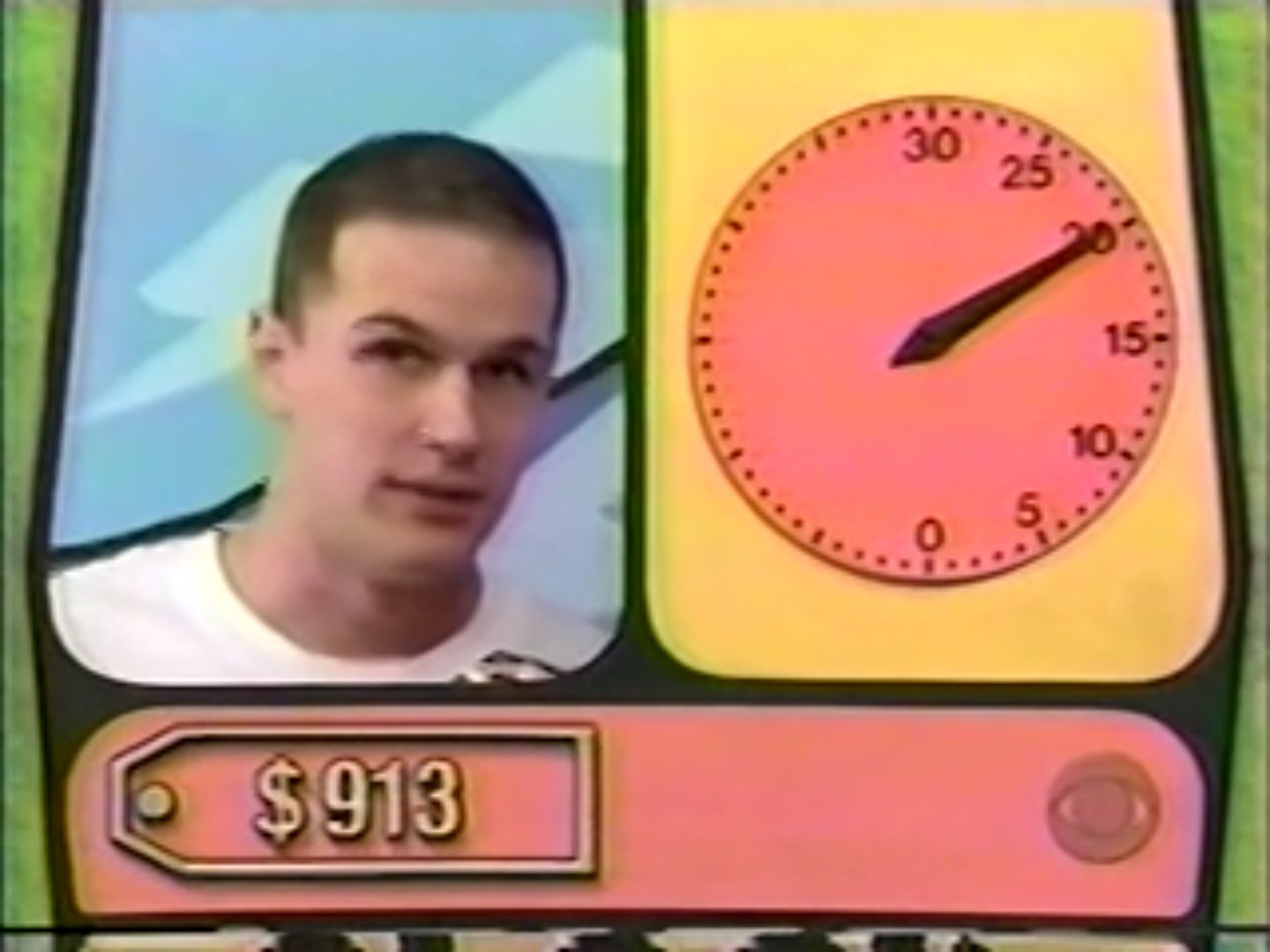 Contestant focused on the price with a timer showing approximately 20 seconds left during the Clock Game.