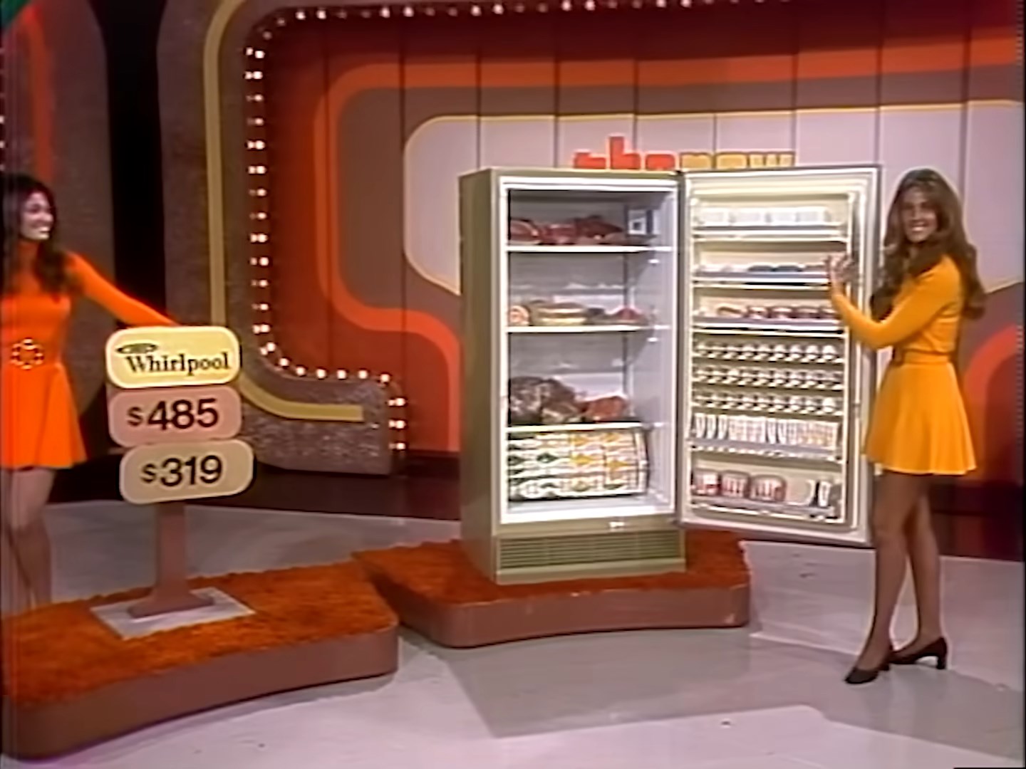 Models present a Whirlpool refrigerator for the Double Prices segment of the first episode of The Price is Right on Sep 4, 1972.