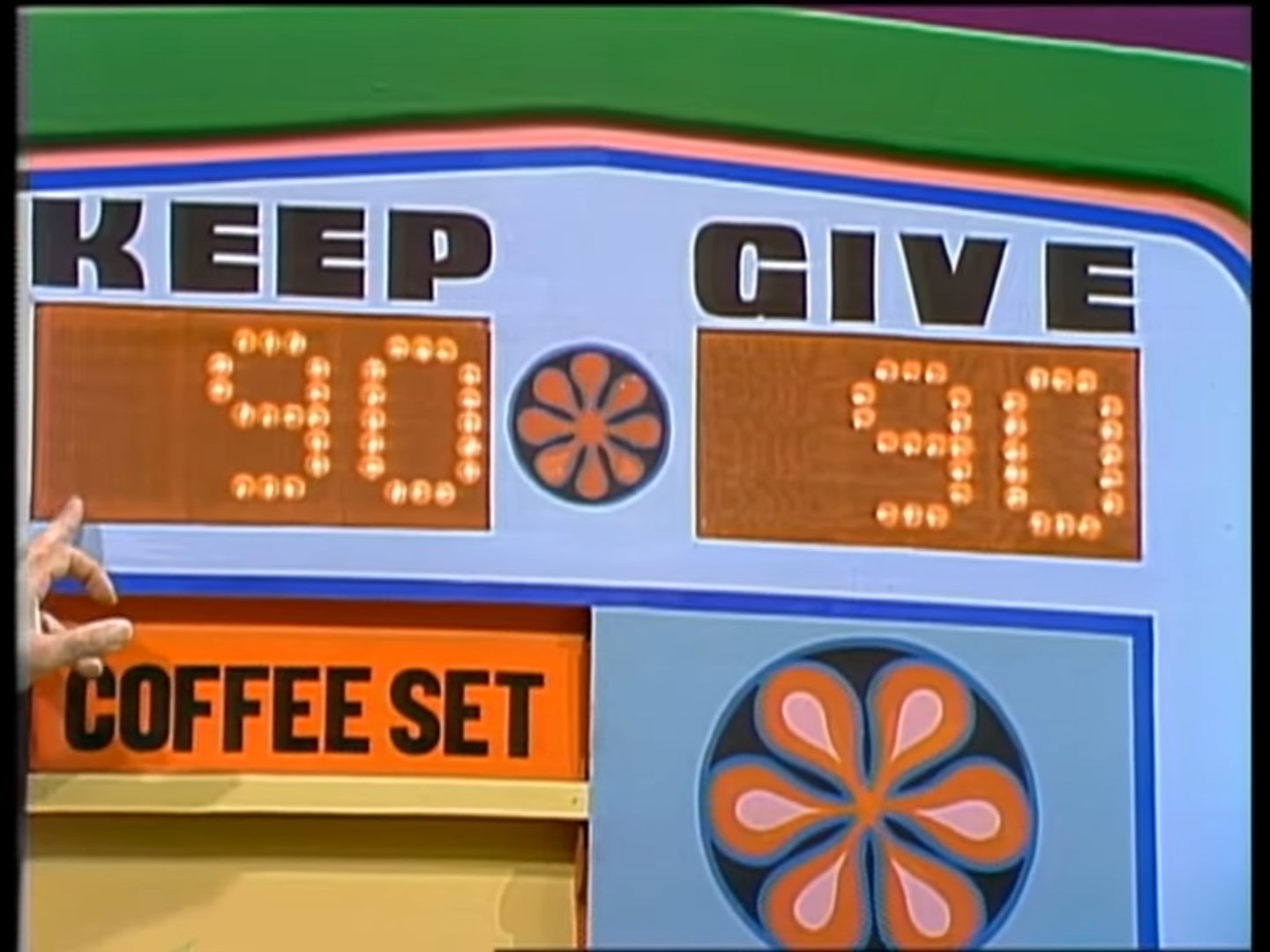 A game board displaying scores for 'KEEP' and 'GIVE', both showing 90, with a coffee set labeled below.