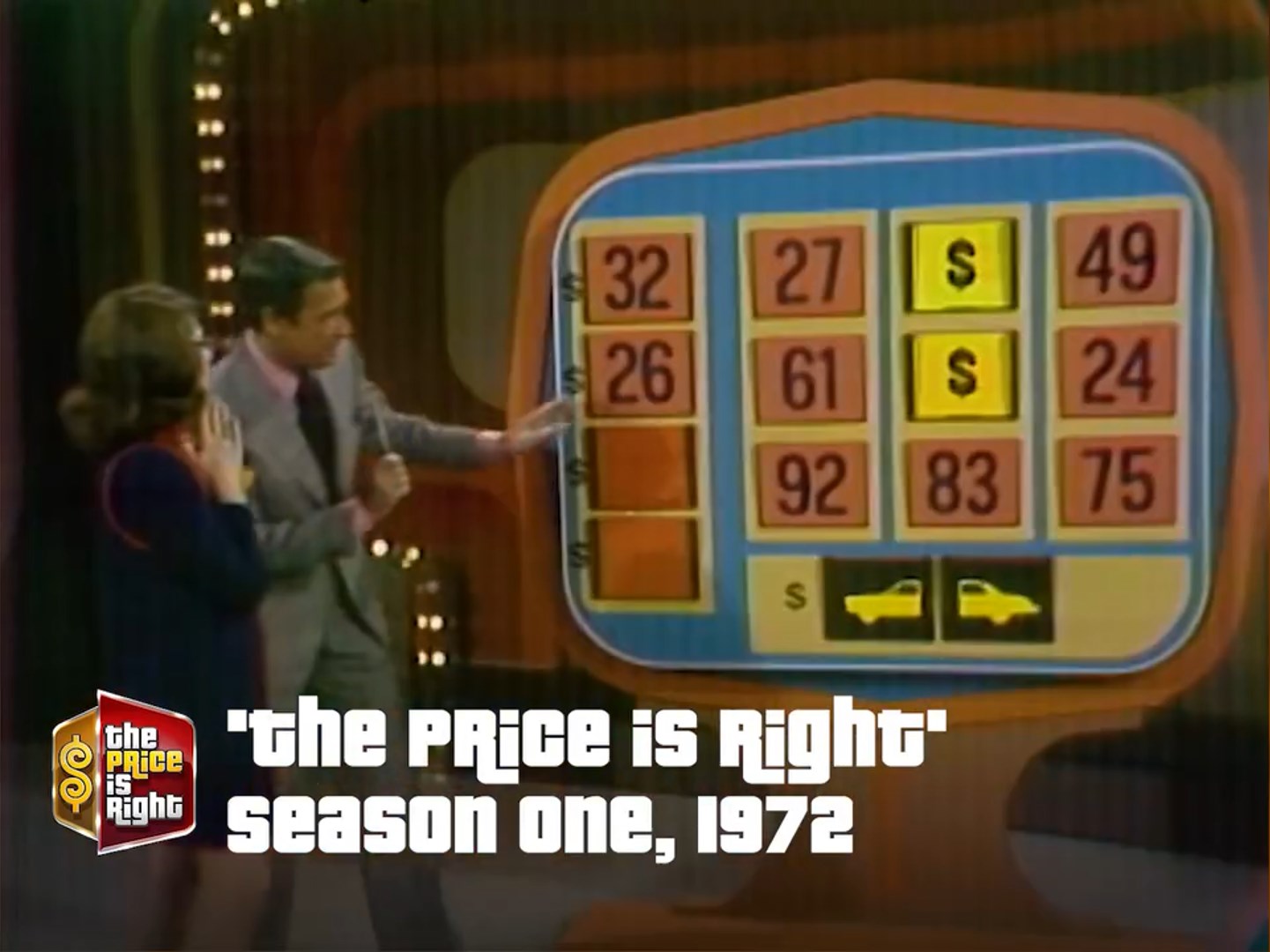A scene from the game show 'The Price is Right' featuring a Money Game game board with numbers, where the host gestures towards the numbers while a contestant looks on, showing signs of excitement.