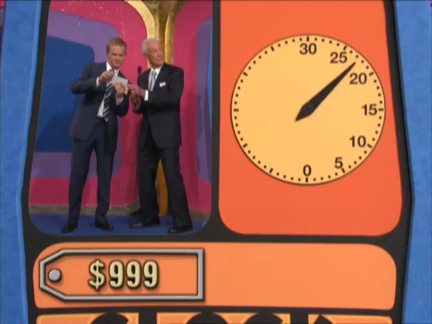 Two game show hosts stand beside a large clock with 25 seconds remaining, featuring a prize value of 9.
