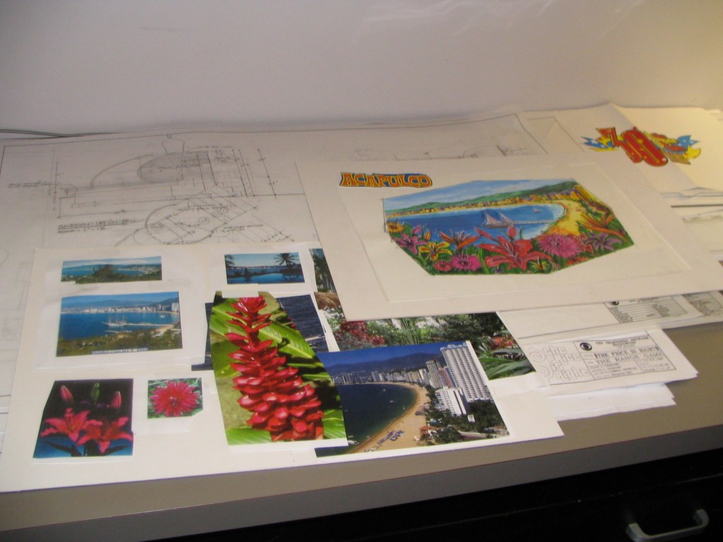 A collection of design materials on a table, including sketches, photographs of coastal views, and colorful floral images, highlighting the theme of a beach destination.