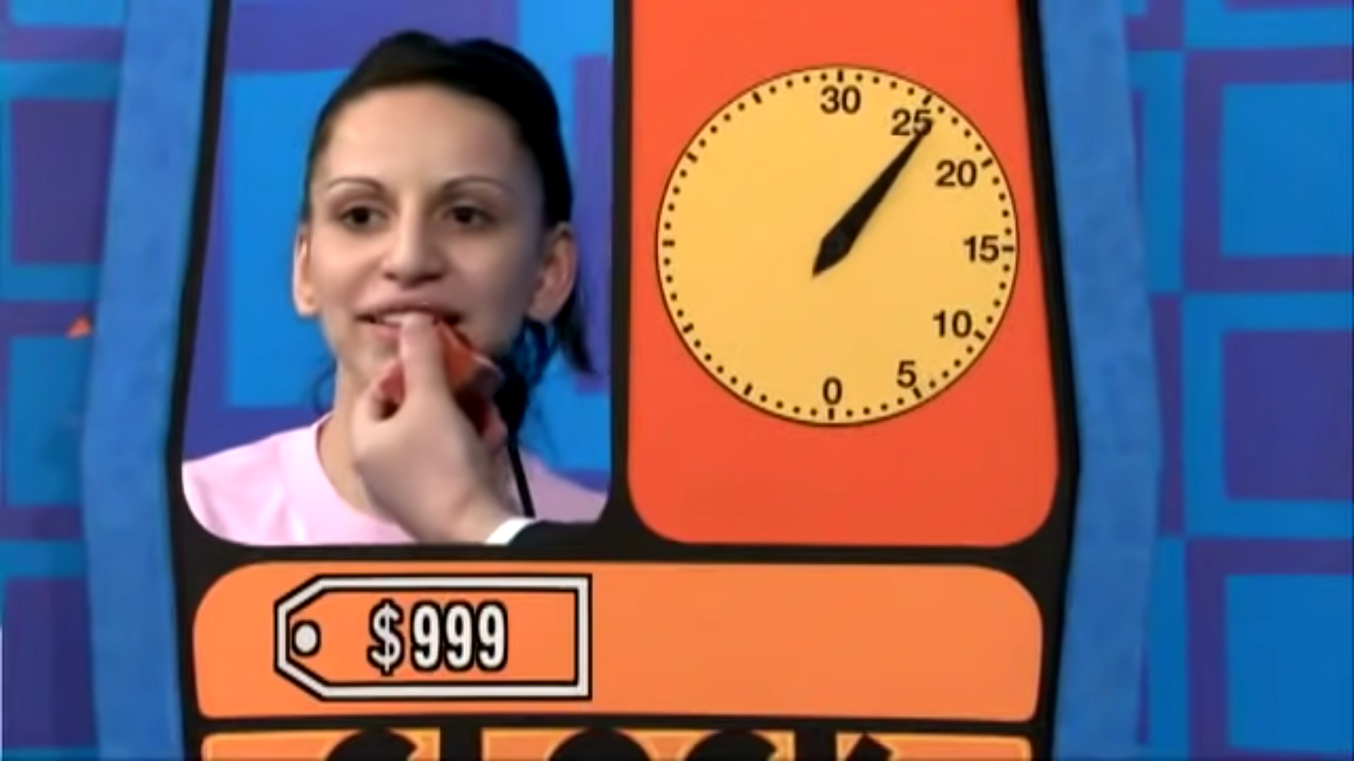 A contestant participates in the Clock Game, smiling as they prepare to guess the price of a prize. A timer shows 25 seconds remaining.