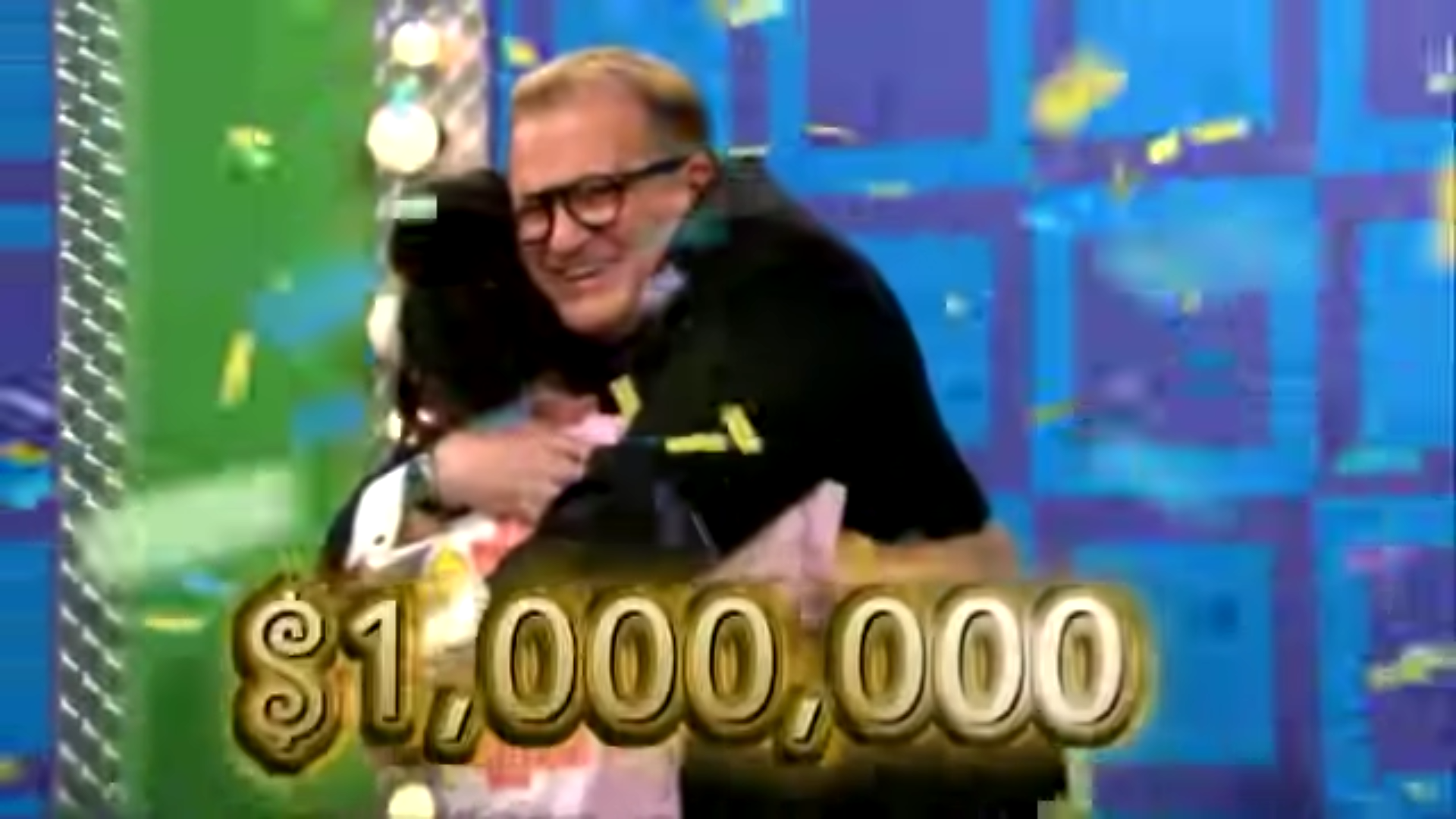 Cynthia celebrating with Drew Carey after winning ,000,000 on a game show, surrounded by confetti.