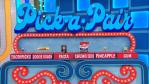 Colorful display of the game 'Pick-a-Pair' from The Price is Right, featuring bright blue and red signage with various items placed underneath as Drew Carey hosts the game.
