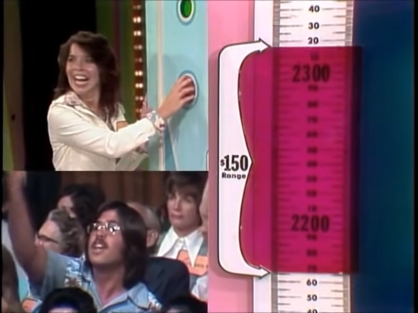 A contestant excitedly prepares to press the button on the Range Game while the audience cheers. The range indicator displays a current value between 2200 and 2300, with a 0 range marked in red.