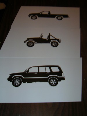 Three illustrations of different types of vehicles arranged horizontally: a pickup truck at the top, a jeep in the middle, and an SUV at the bottom, all depicted in black silhouette style against a white background.