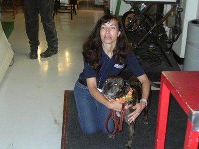 A woman in a black shirt kneels on the floor, holding a dog with a floral collar in a backstage setting, with equipment and chairs visible in the background.