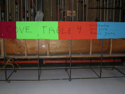 Backstage setup featuring a table with colorful signs indicating 'COVE TABLE 4', 'SWITCHEROO', 'SHELL GAME', and 'BONUS GAME'.