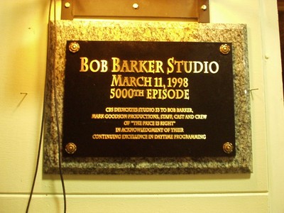 Plaque commemorating the 5000th episode of 'The Price Is Right' dedicated to Bob Barker, March 11, 1998.