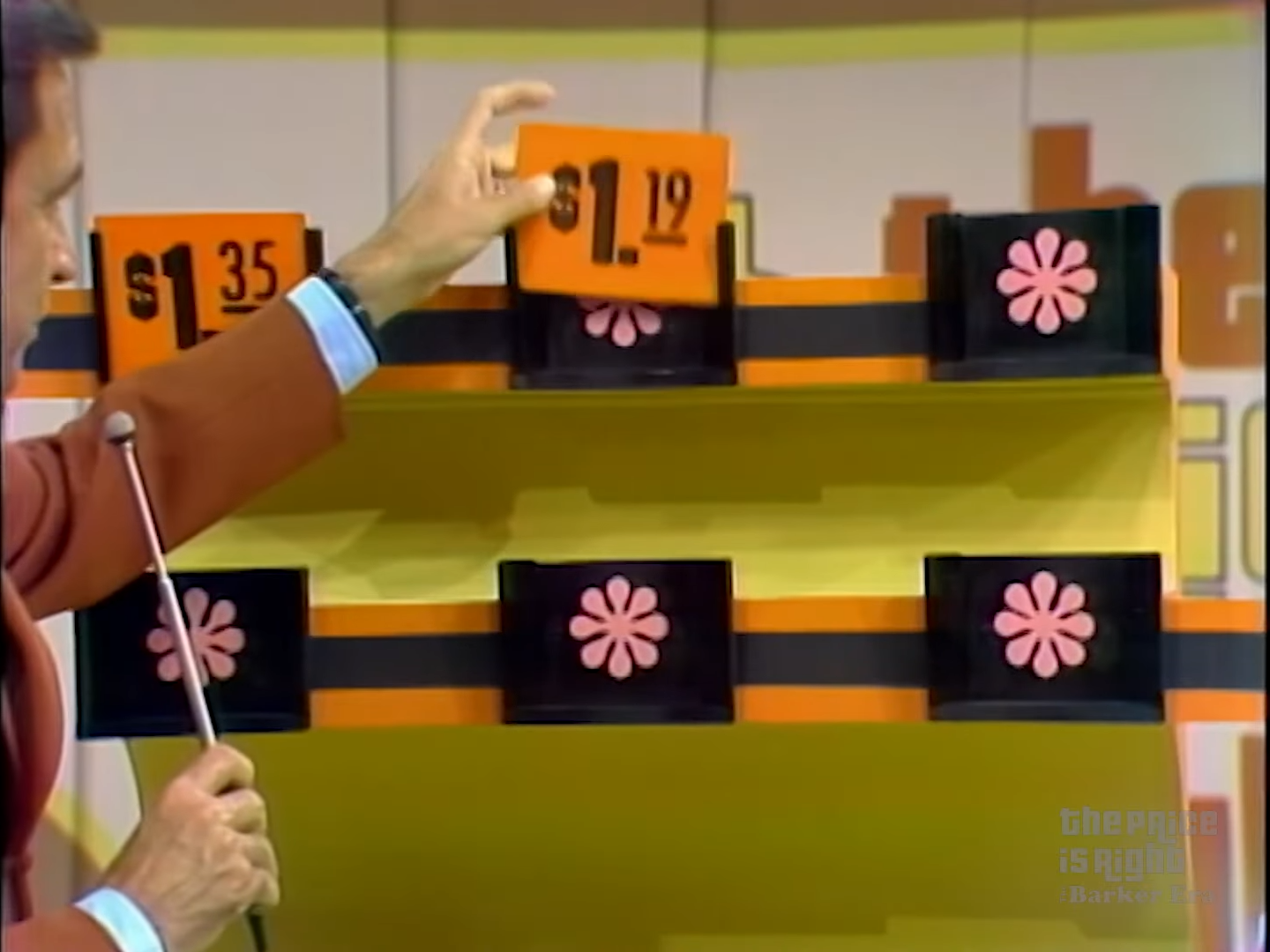 A game host reveals pricing cards for the Hi Lo game on The Price is Right, showing .35 and .19 for two products, while three slots are available for higher and lower prices.