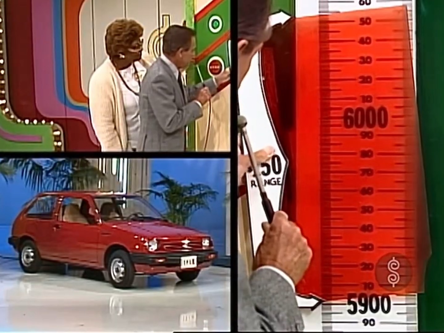 Contestants and host at The Price is Right game show, featuring a red car and a range finder scale indicating a 0 range.