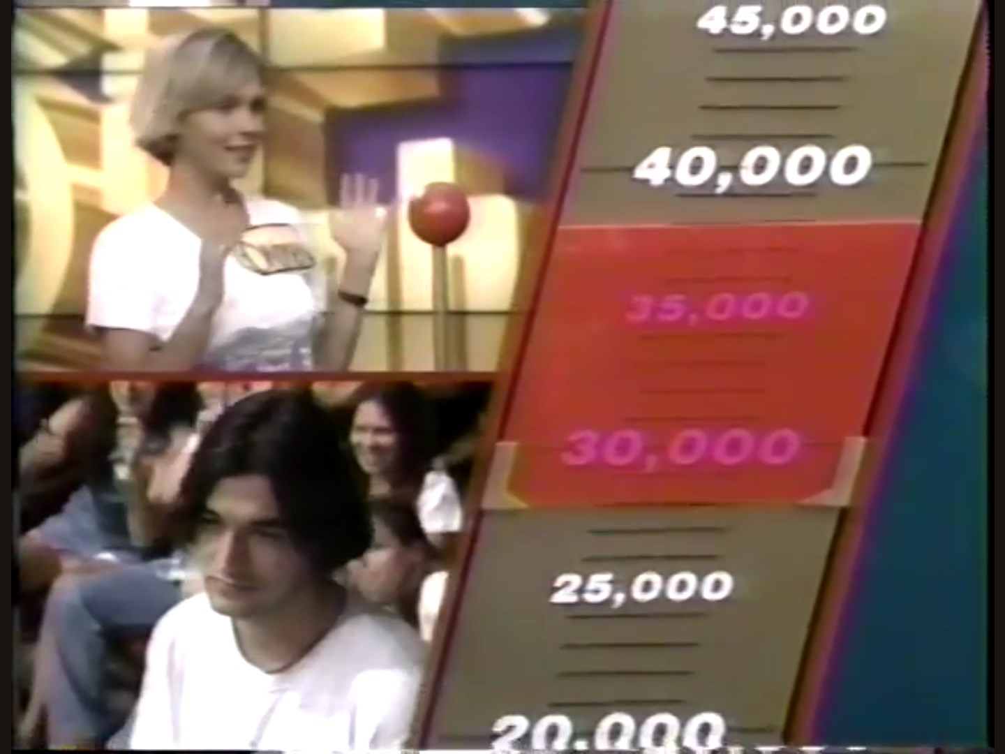Contestant celebrating while playing Range Game, with a close-up of the price scale featuring a range from ,000 to ,000.