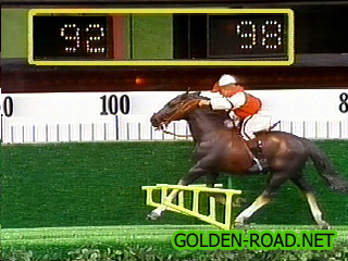 A horse racing game display showing a black horse and jockey in motion, with a score of 92 and a finish line marked at 98.
