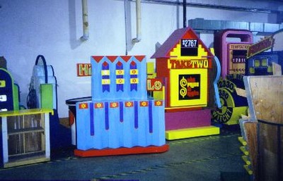 Colorful game props from the pricing games at CBS Television City, featuring various bright-colored displays and signage.