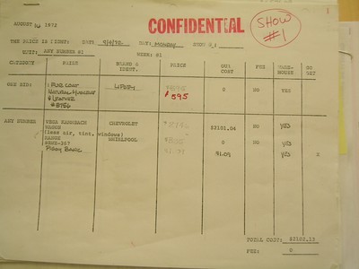 A confidential document from August 19, 1972, detailing costs and prizes for a special show of The Price is Right.