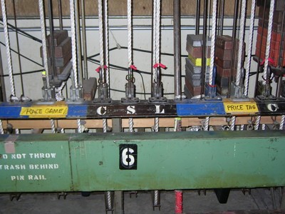 Close-up view of a game setup featuring labels like 'PRICE GAME' and 'PRICE TAG' on a control panel with levers, ropes, and weights.