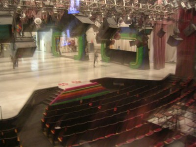 View of the Bob Barker Studio showing the stage and seating area, with lighting rigs overhead.