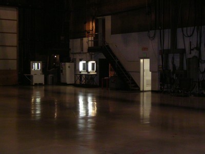 Interior view of the Bob Barker Studio showing the floor, a staircase, and backstage equipment.