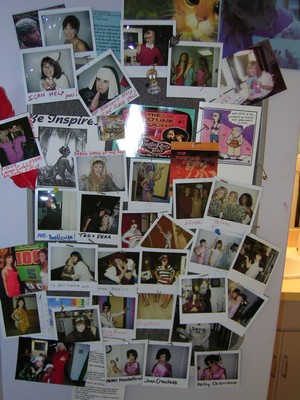 A collage of photos pinned on a wall, featuring various individuals and moments, showcasing memories and inspirational messages.
