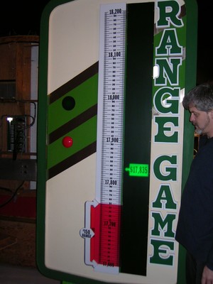 A game display board for the "Range Game" featuring a colorful vertical gauge with numbers up to 18,200, a red indicator, and a player interacting with the board.