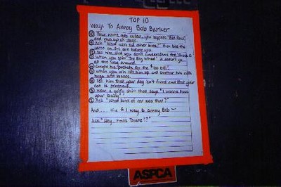 A poster listing the 'Top 10 Ways to Annoy Bob Barker,' featuring handwritten notes on a colorful background, with an ASPCA sticker at the bottom.