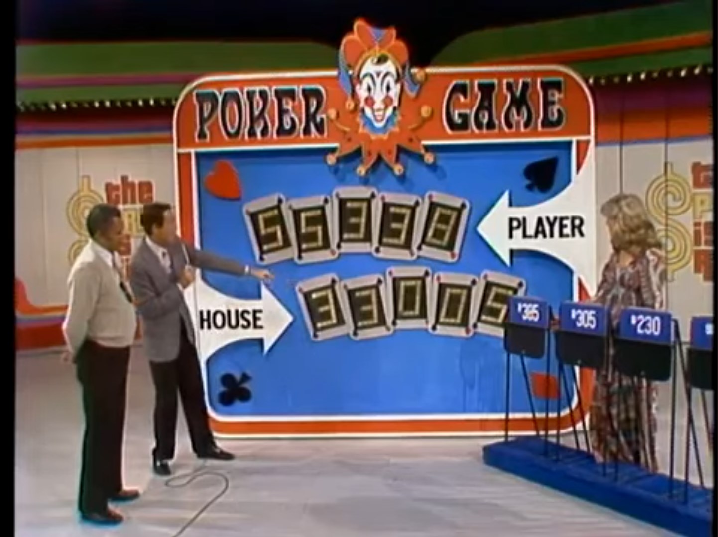 A colorful stage display for the Poker Game, featuring the numbers 59330 for the House and 33005 for the Player, with game hosts and a female contestant visible.
