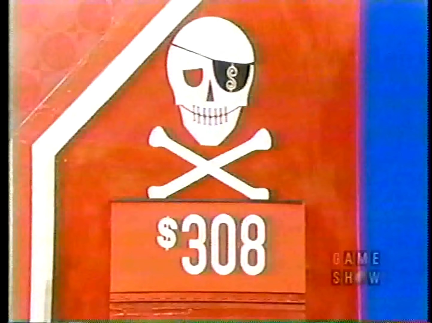 A game show display featuring a skull and crossbones symbol with an eye patch and dollar sign over one eye, indicating the Danger Price of 8.