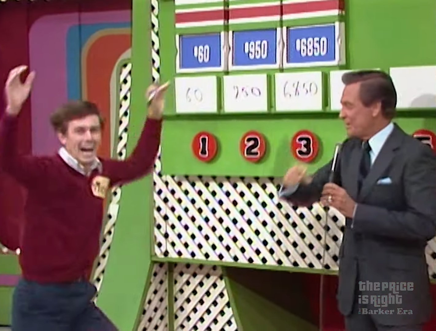 A contestant celebrates enthusiastically after correctly guessing a price during the game "Ten Chances" on The Price is Right, with the host smiling beside him.