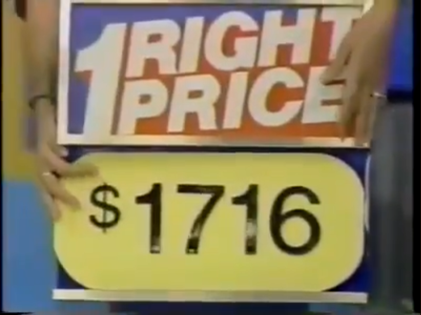 A contestant holds a sign displaying '1 RIGHT PRICE' above a price of '16' during a game show segment.