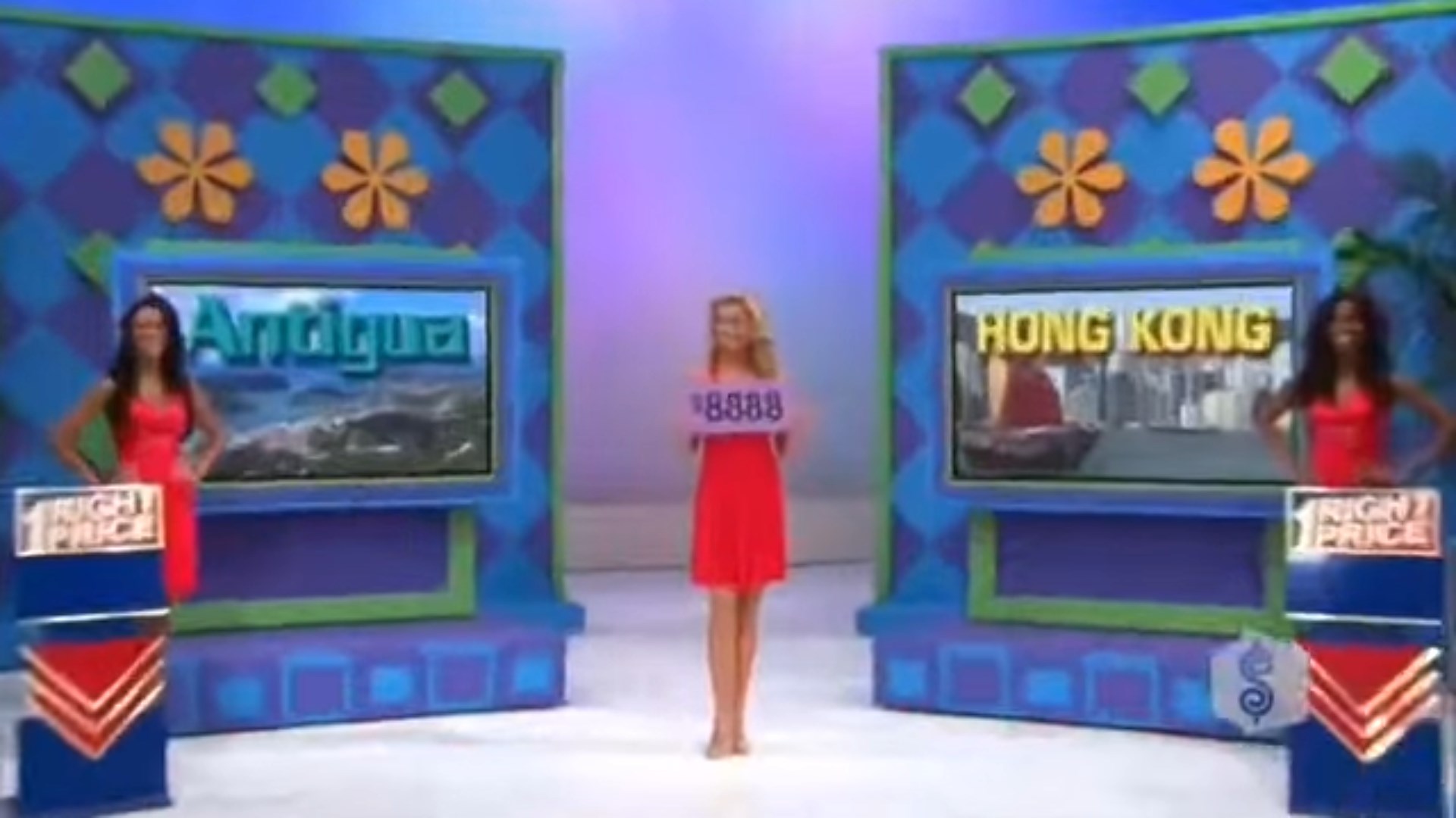 Contestant holds a price tag of 88 while standing between two prize displays labeled Antigua and Hong Kong.