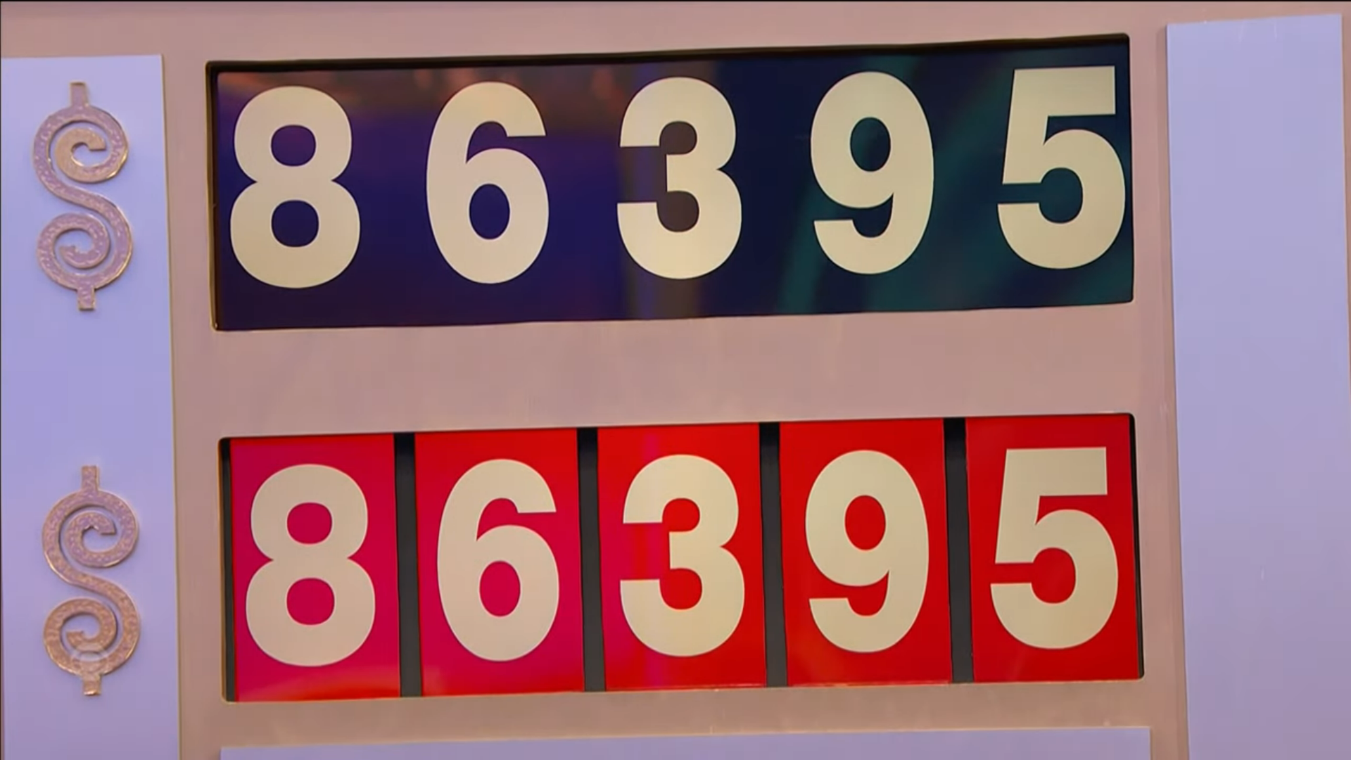 A game board showing the number sequence 86395 in a pricing game, with the dollar sign icon displayed on the left.