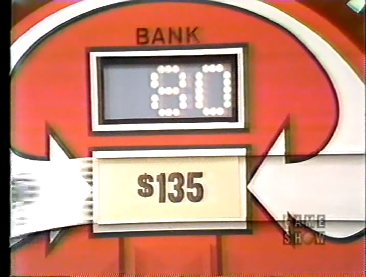 A scoreboard showing a bank total of  and a target amount of 5 for the game Mystery Price.