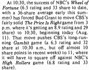 Newspaper clipping on Wheel of Fortune's success forcing The Price is Right to move to mornings