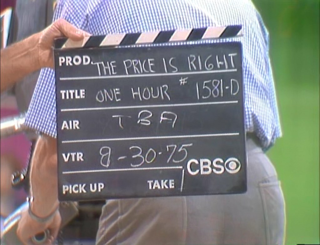 Clapperboard used during the recording of 'The Price is Right' indicating an hour-long episode, dated August 30, 1975.