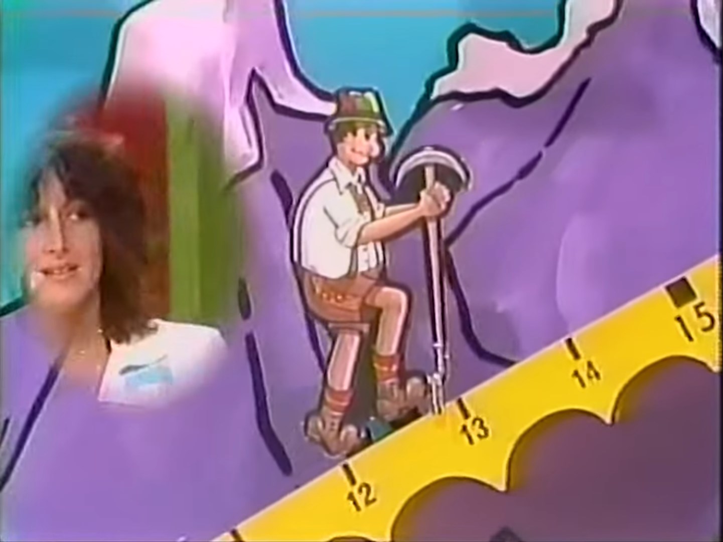 A cartoon mountain climber ascends a colorful mountain on a game show set, alongside a contestant who watches intently.