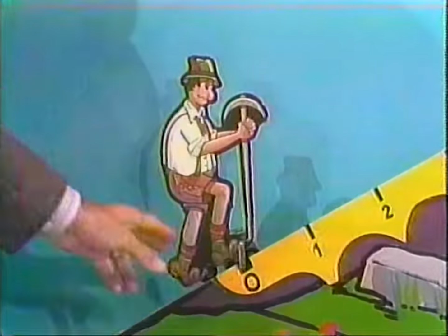 A cartoon mountain climber holding a gear, positioned at the start of a colorful game board with marked steps.