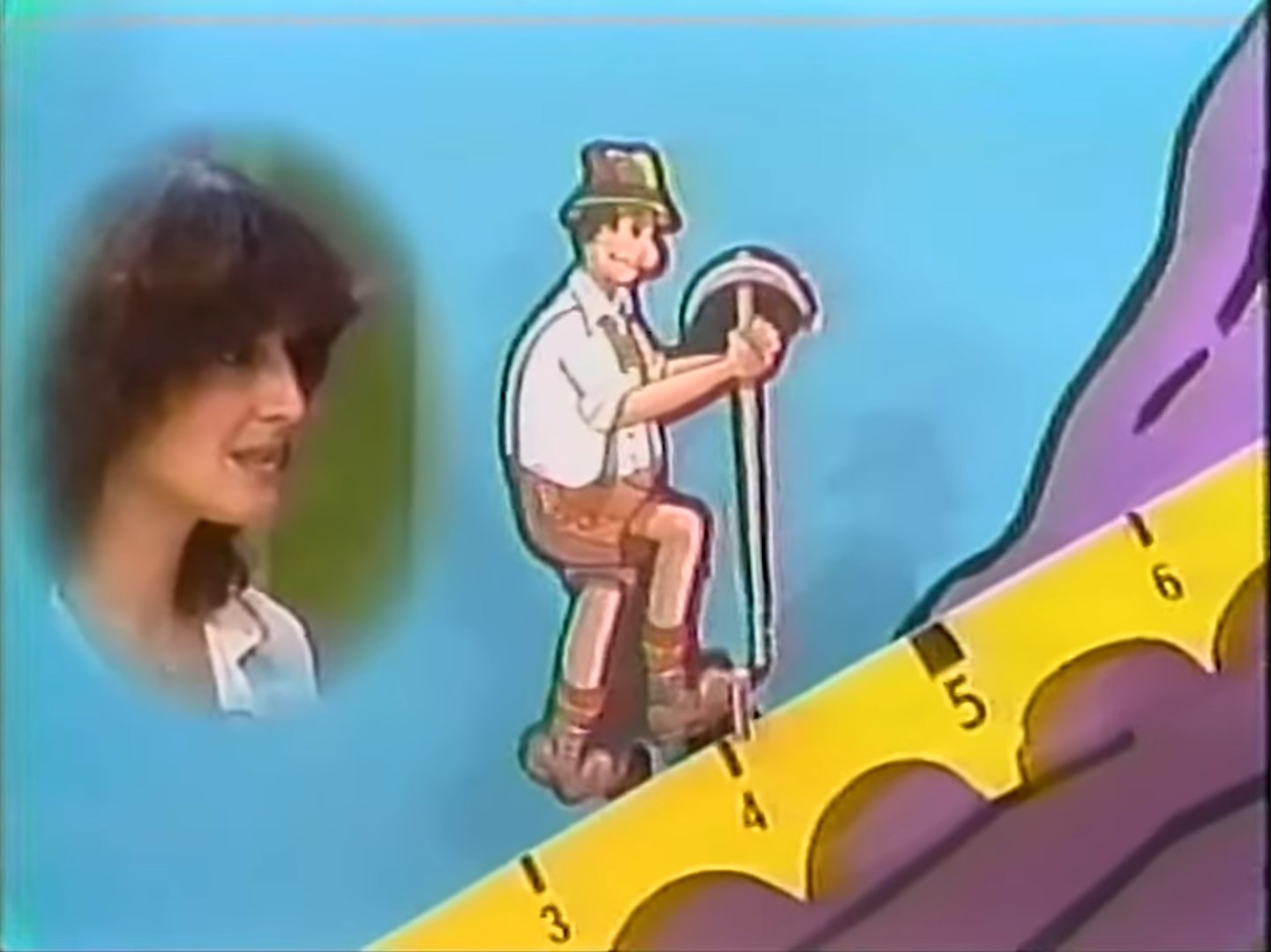 A cartoon mountain climber is shown ascending a colorful mountain, with a contestant looking on. The climber is perched on a step marked with the number 4.