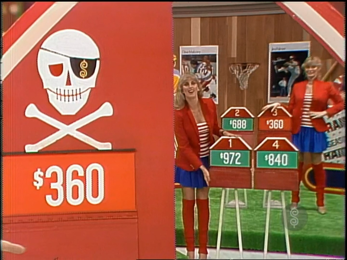 A game show set featuring the Danger Price game. A skull and crossbones graphic with a dollar sign is displayed, and a contestant is presenting four prize options with their corresponding prices. The highlighted Danger Price is 0.