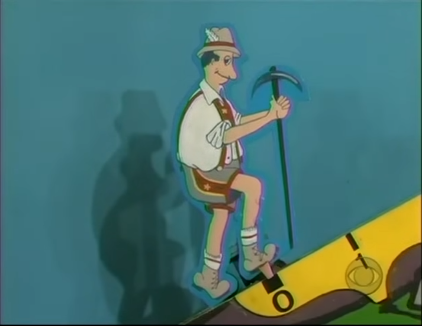A cartoon mountain climber in traditional Alpine attire stands on a colorful slope, preparing to ascend. His left foot is placed on the first step marked with the number '0'.