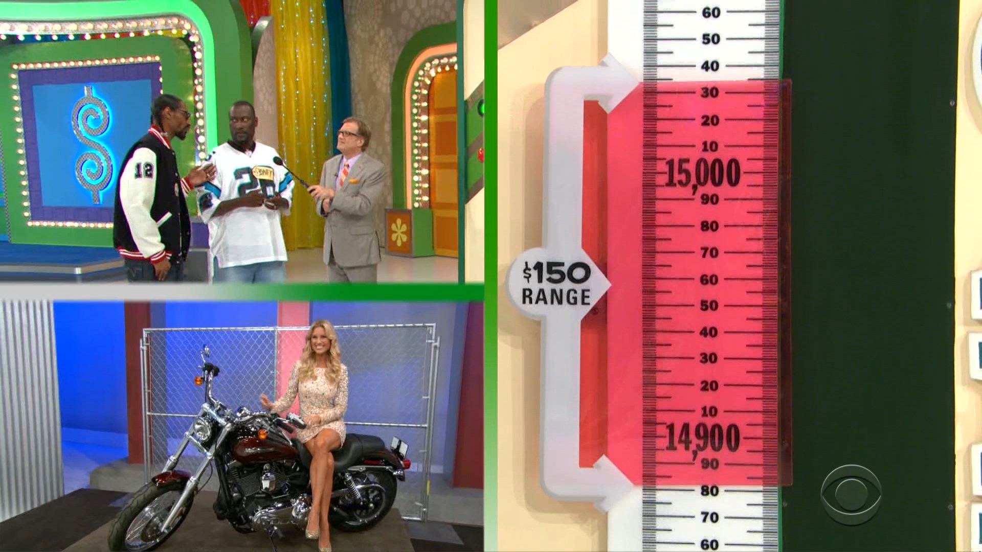 A split-screen image from The Price is Right featuring two contestants with Snoop Dogg in the upper section discussing the game, and a female contestant sitting on a motorcycle in the lower section. The price range scale on the right shows a 0 range.