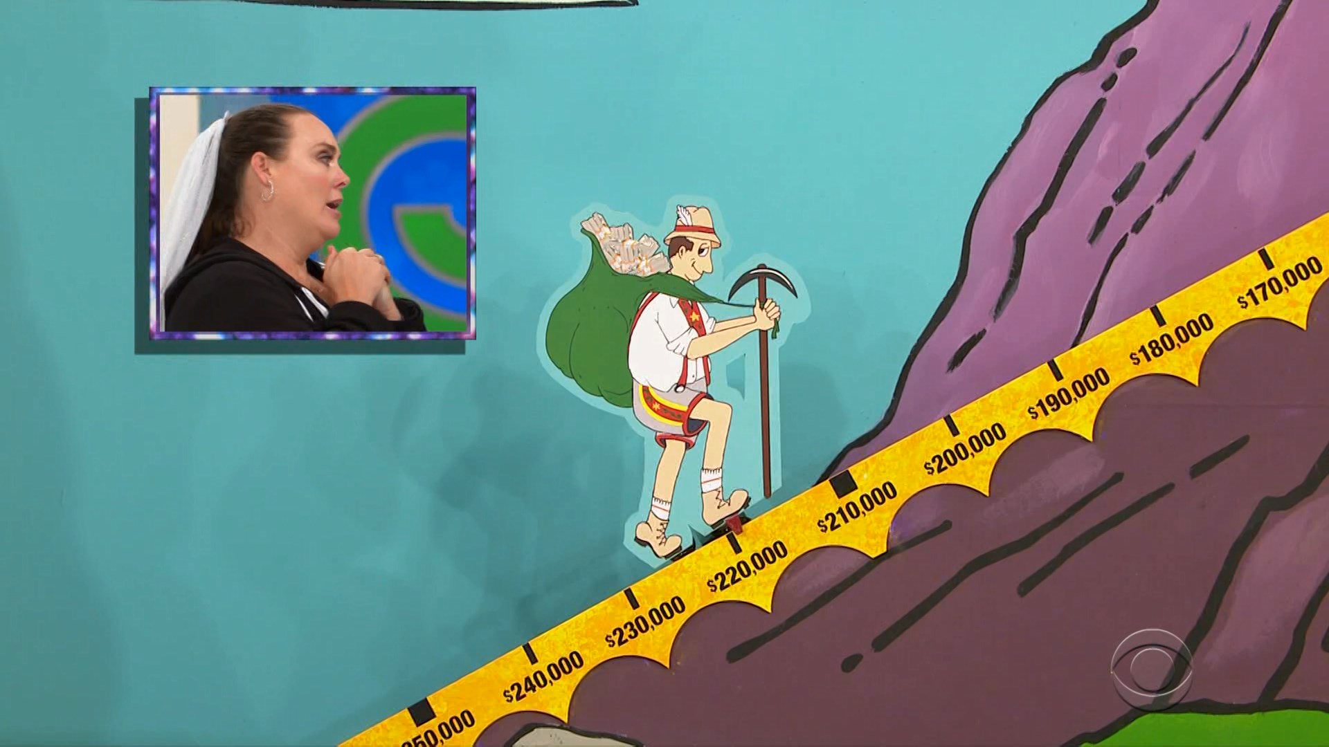 A cartoon mountain climber ascends a colorful mountain with price markers, while a contestant anxiously watches from a framed screen.