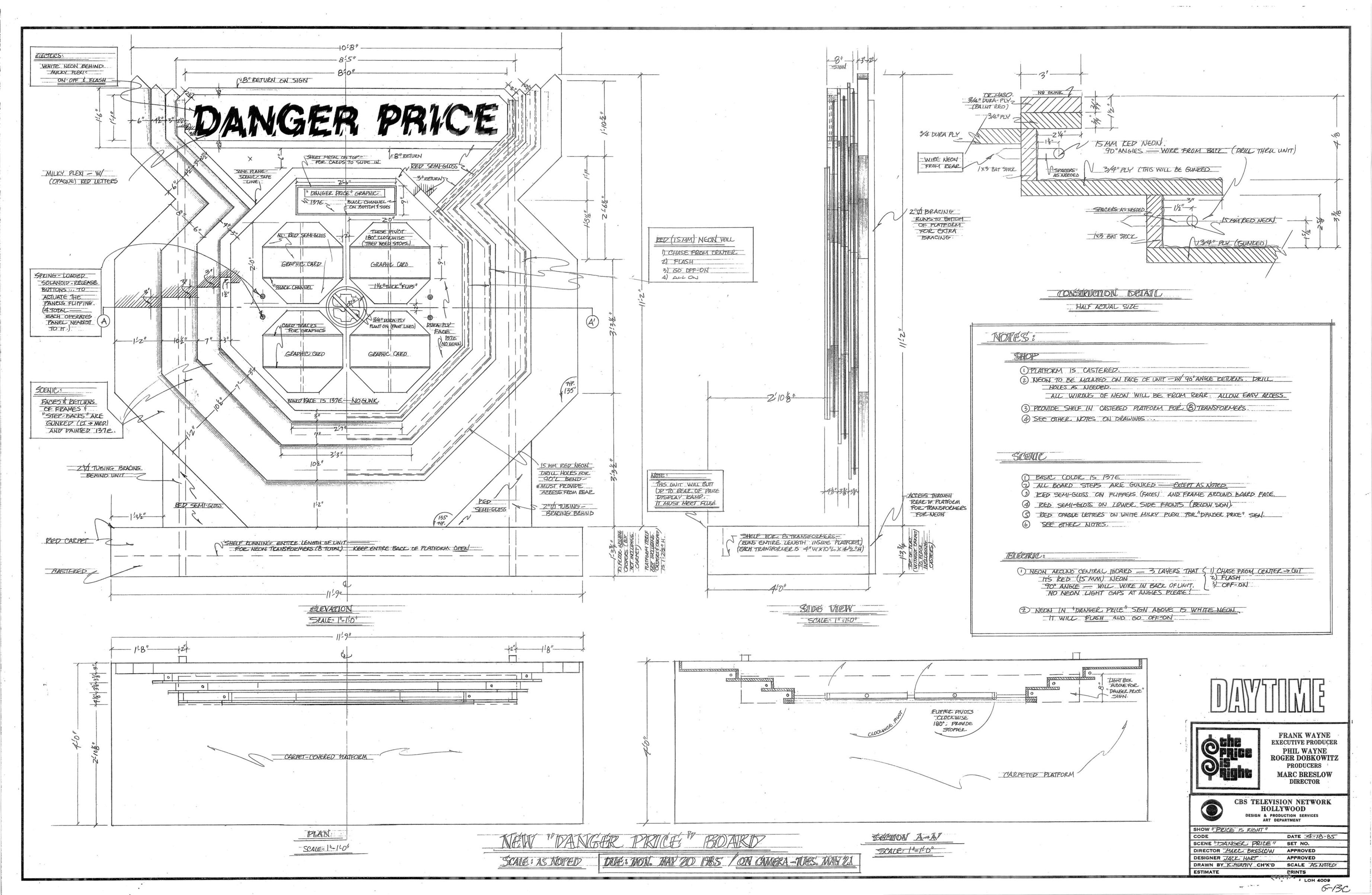 Blueprint of the Danger Price game board, featuring dimensions and layout details.