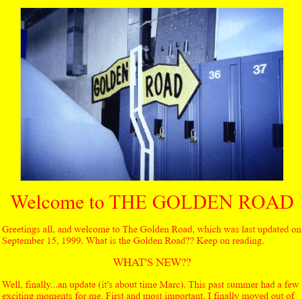 A nostalgic welcome message to The Golden Road, featuring a sign pointing to 'GOLDEN ROAD', with lockers and a vibrant yellow background, on Marc Green's website in the late 90s.