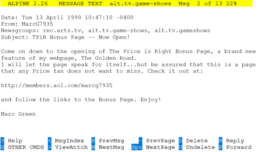 An Alpine Usenet newsgroup browser showcasing a message from Marc Green to visit a new feature, The Price is Right Bonus Page on his webpage The Golden Road, showcasing rare backstage photos.