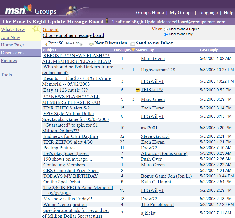 A screenshot of the Price is Right Update Message Board from MSN Groups, showcasing various discussions and messages related to the show.