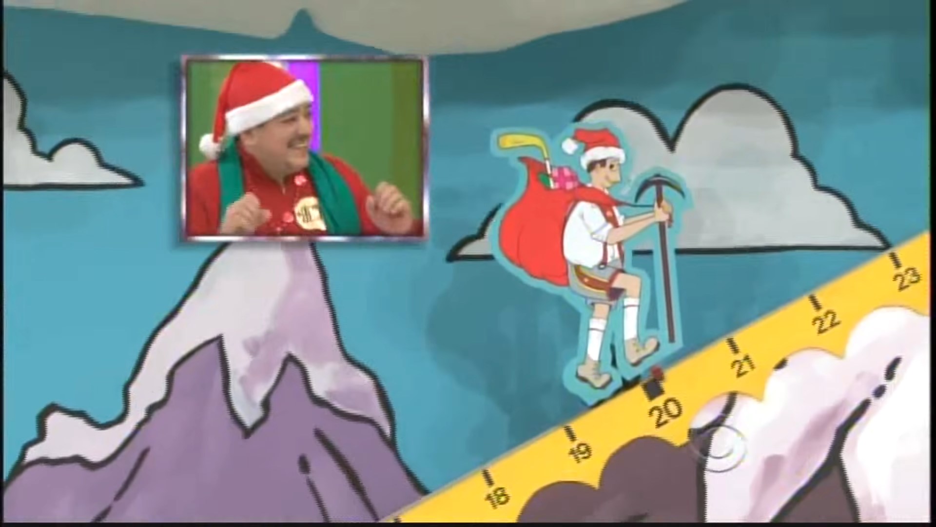 A contestant wearing a Santa hat celebrates as a cartoon mountain climber dressed in festive attire ascends a colorful mountain in a game show setting.